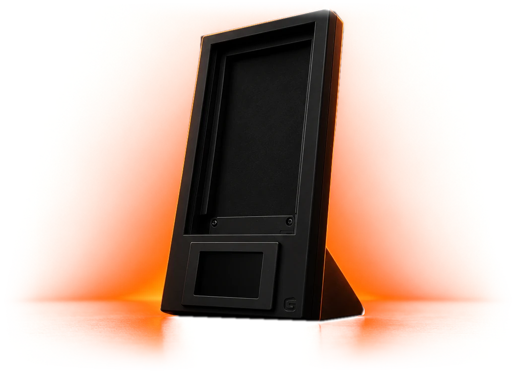 Silhouette of the Cardstand display on its angled stand, lit from behind in orange